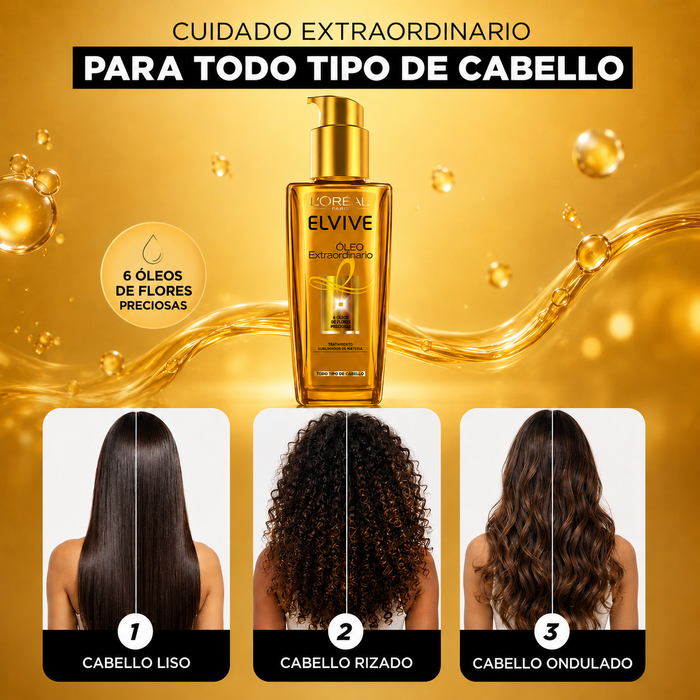 Óleo Extraordinario Elvive aplicado en cabello oscuro liso para nutrición y brillo sin residuo graso