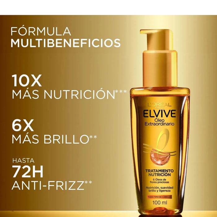 Óleo Extraordinario Elvive 100ml — infografía con beneficios de los 6 óleos de flores preciosas