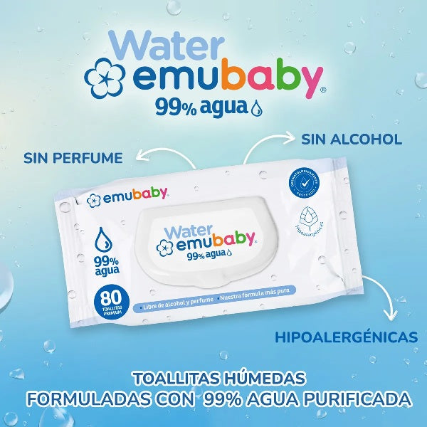 Pack Toallitas Humedas Emuwipes Water Premium 2x80unds (160unds)