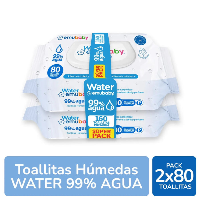 Pack Toallitas Humedas Emuwipes Water Premium 2x80unds (160unds)