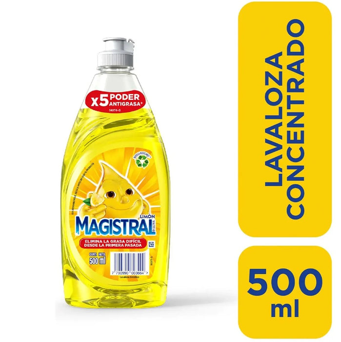 Lavalozas Magistral Limón 500ml — botella frontal junto a etiqueta lavaloza concentrado