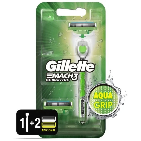 Máquina de afeitar recargable Gillette Mach3 Aqua grip sensitive + 2 cartuchos